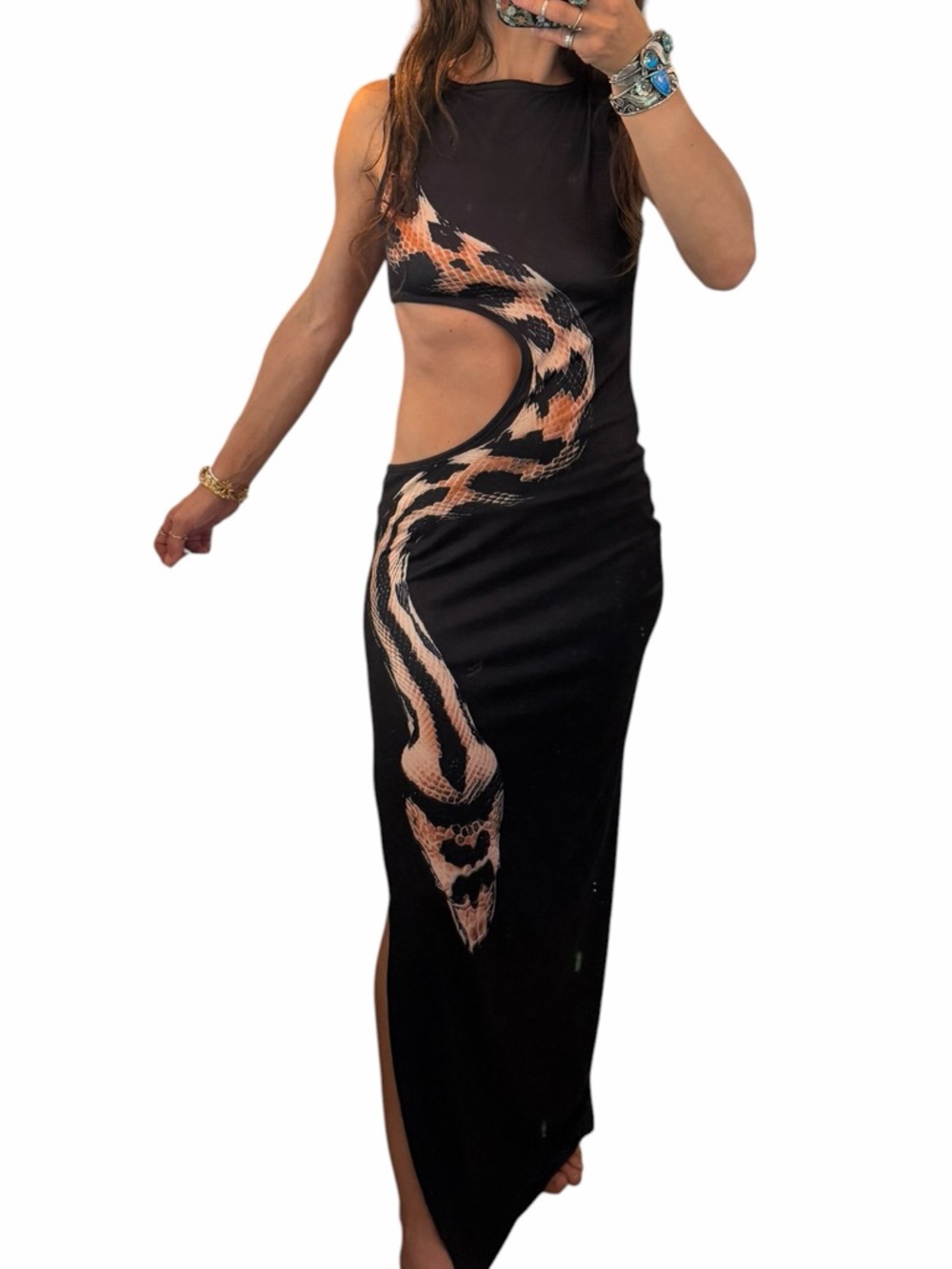 Black Cutout Maxi Dress with Tan Snake Print